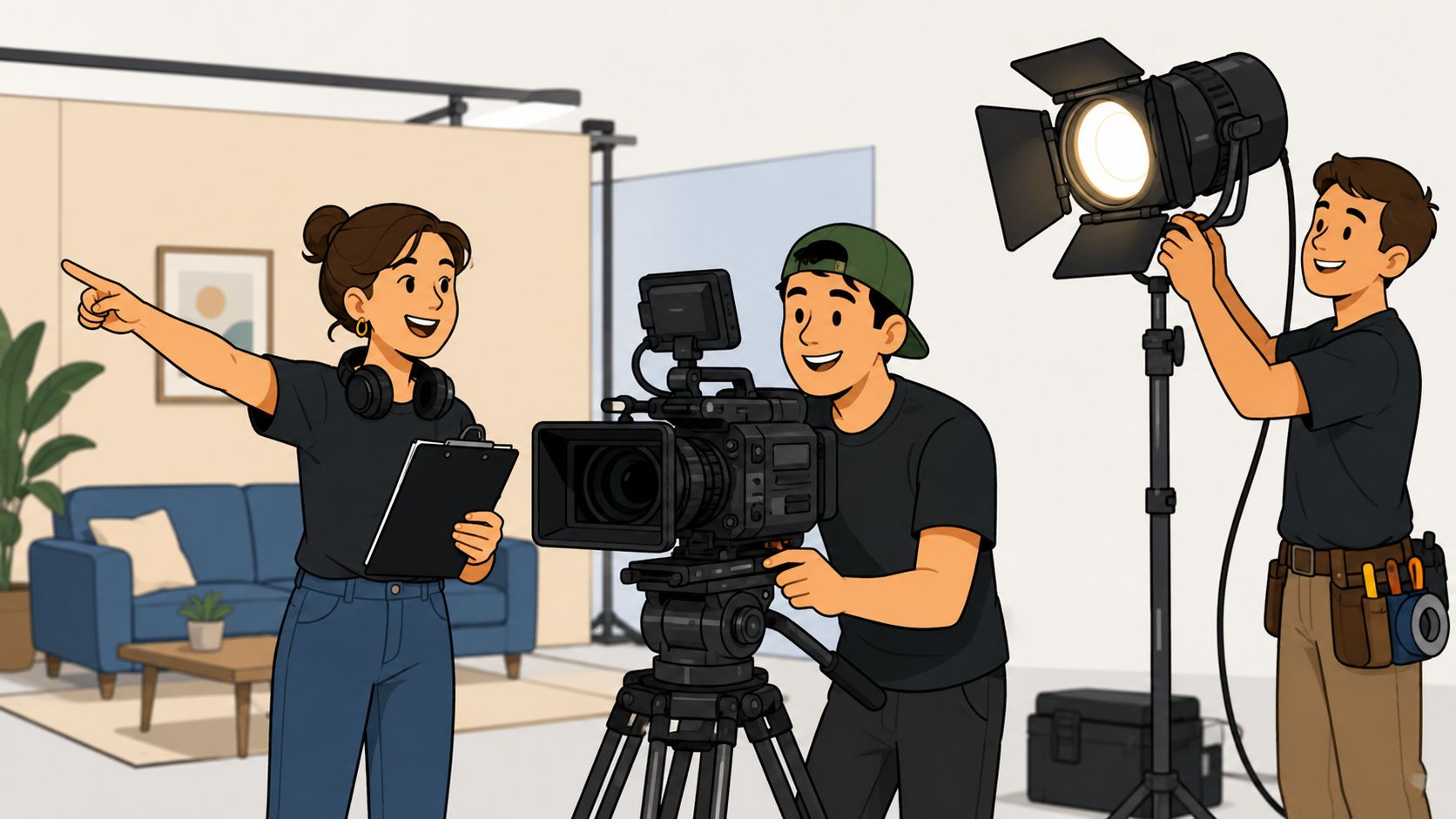 Een filmploeg in een studio is bezig met de opname van een professionele reclame video productie.