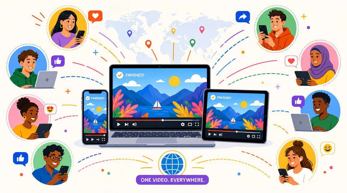Een laptop, tablet en smartphone tonen dezelfde video met mensen over de hele wereld die kijken.
