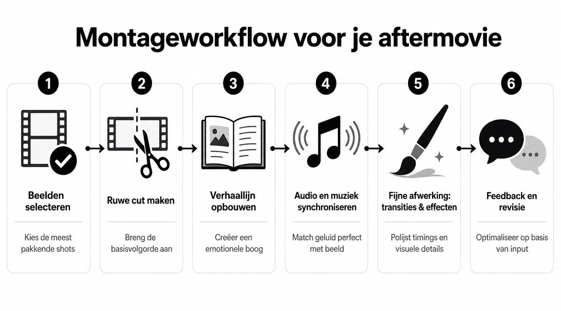 Een infographic met zes stappen voor het maken van een professionele aftermovie, van beeldselectie tot feedback.