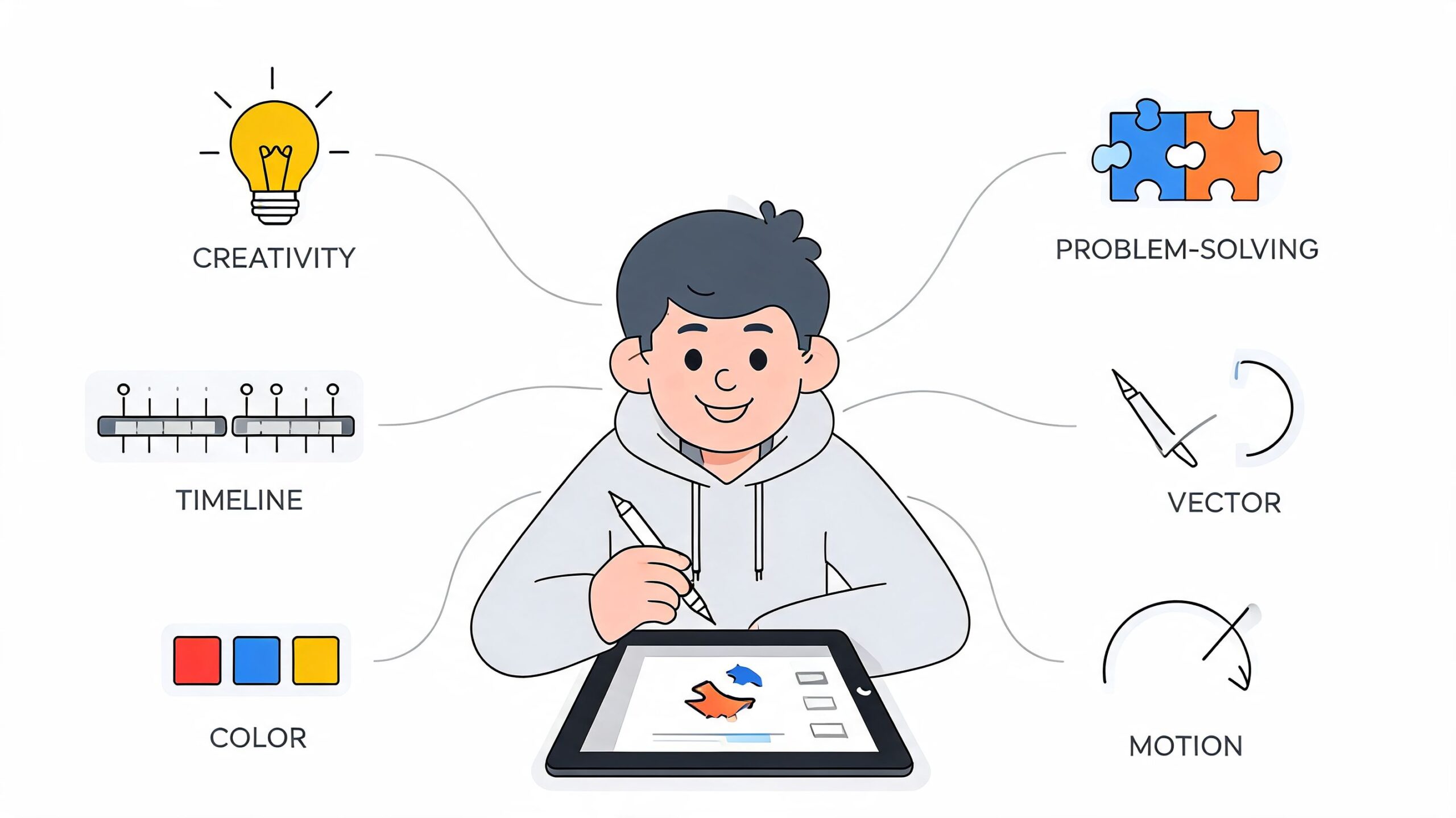 Een grafisch ontwerper werkt op een tablet, omringd door iconen die creatieve vaardigheden en ontwerpconcepten illustreren.