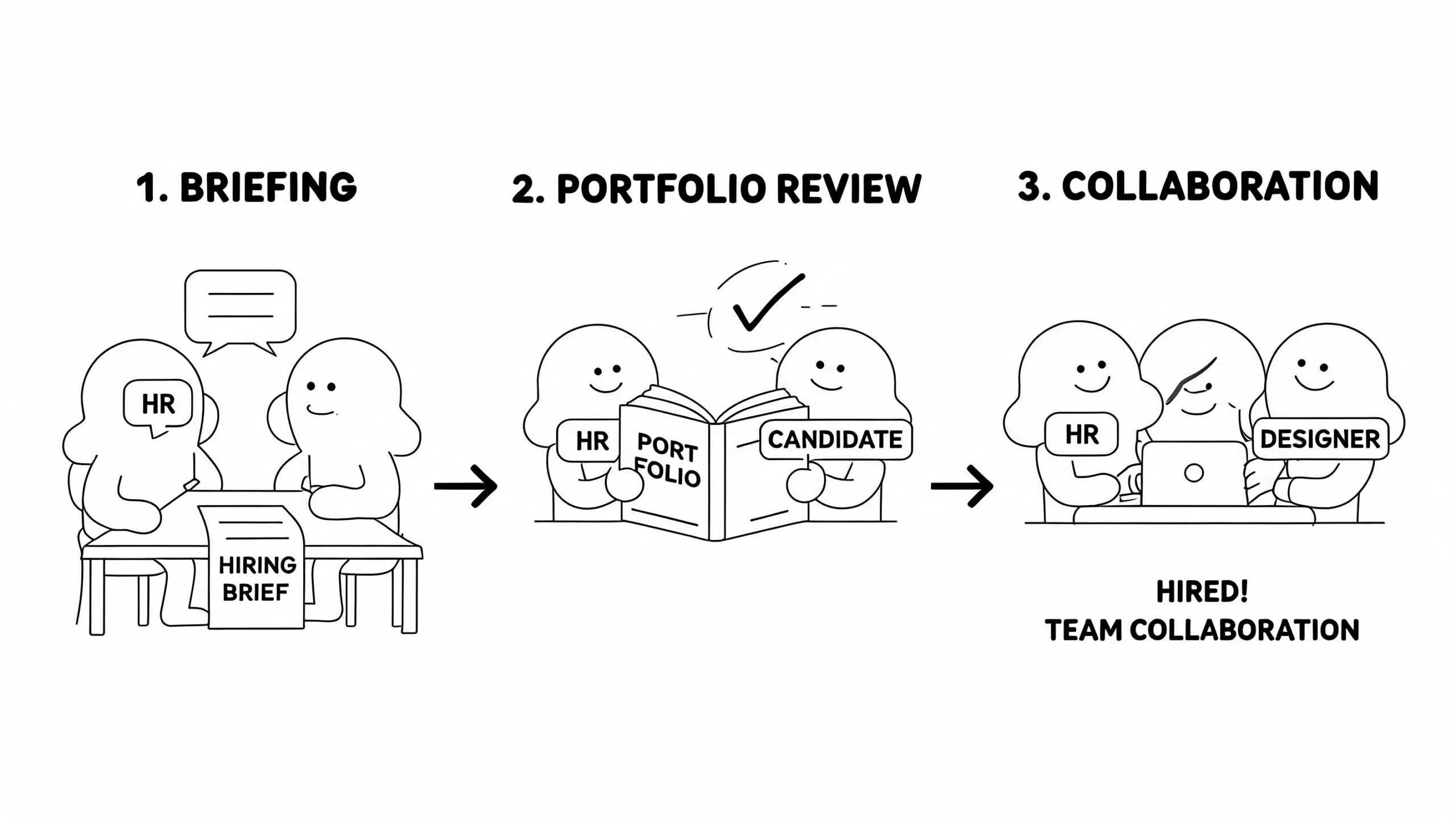 Een procesgrafiek in drie stappen die het wervingsproces van een motion graphics designer voor een team illustreert.
