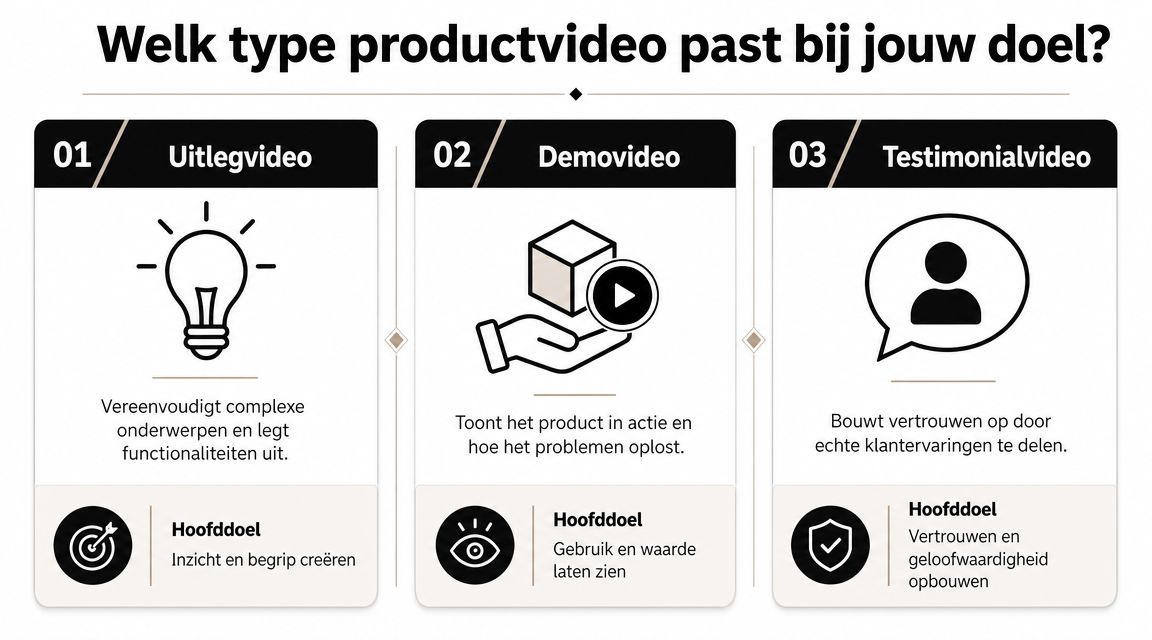 Een infographic die drie soorten productvideo's uitlegt: de uitlegvideo, demovideo en testimonialvideo met hun hoofddoelen.