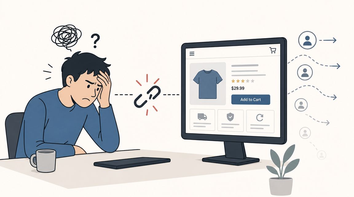 Een gefrustreerde man kijkt naar een computer met een verbroken verbinding naar een online webshop en bezoekers.
