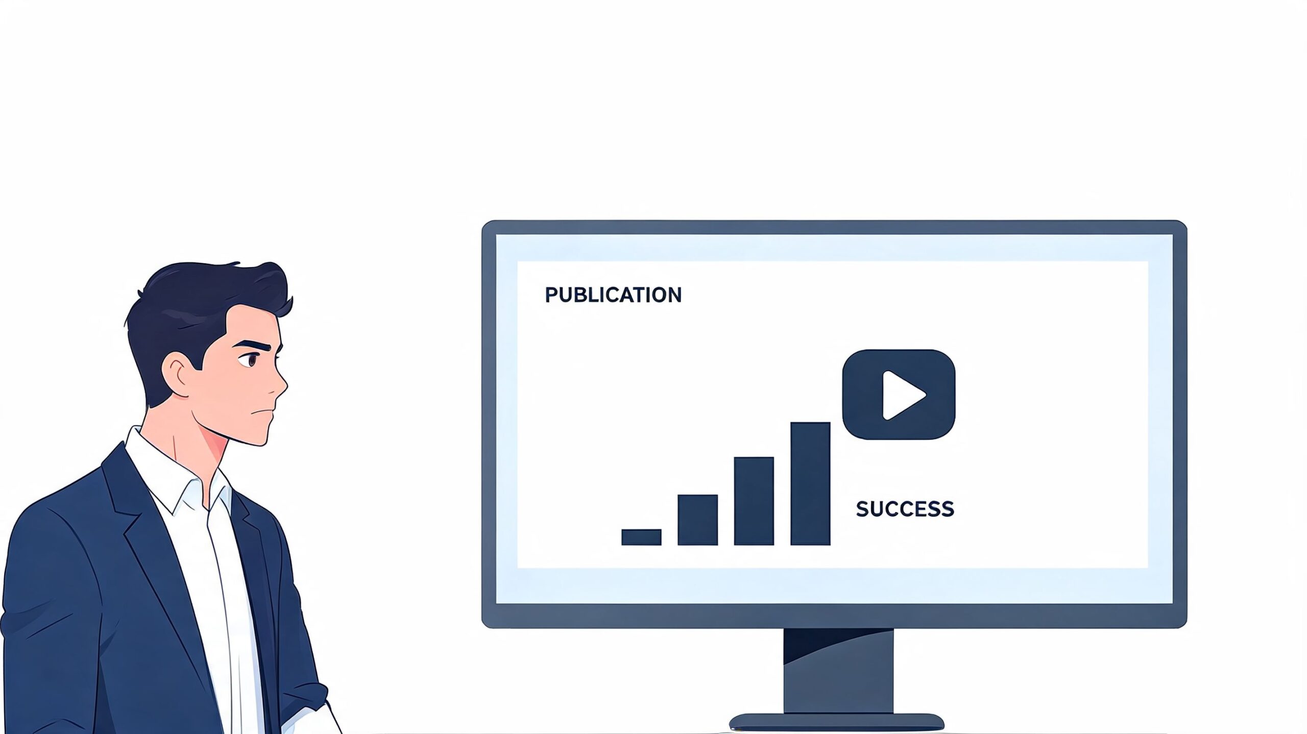 Een man kijkt naar een computerscherm met een grafiek die de groei van videopublicaties en succes toont.