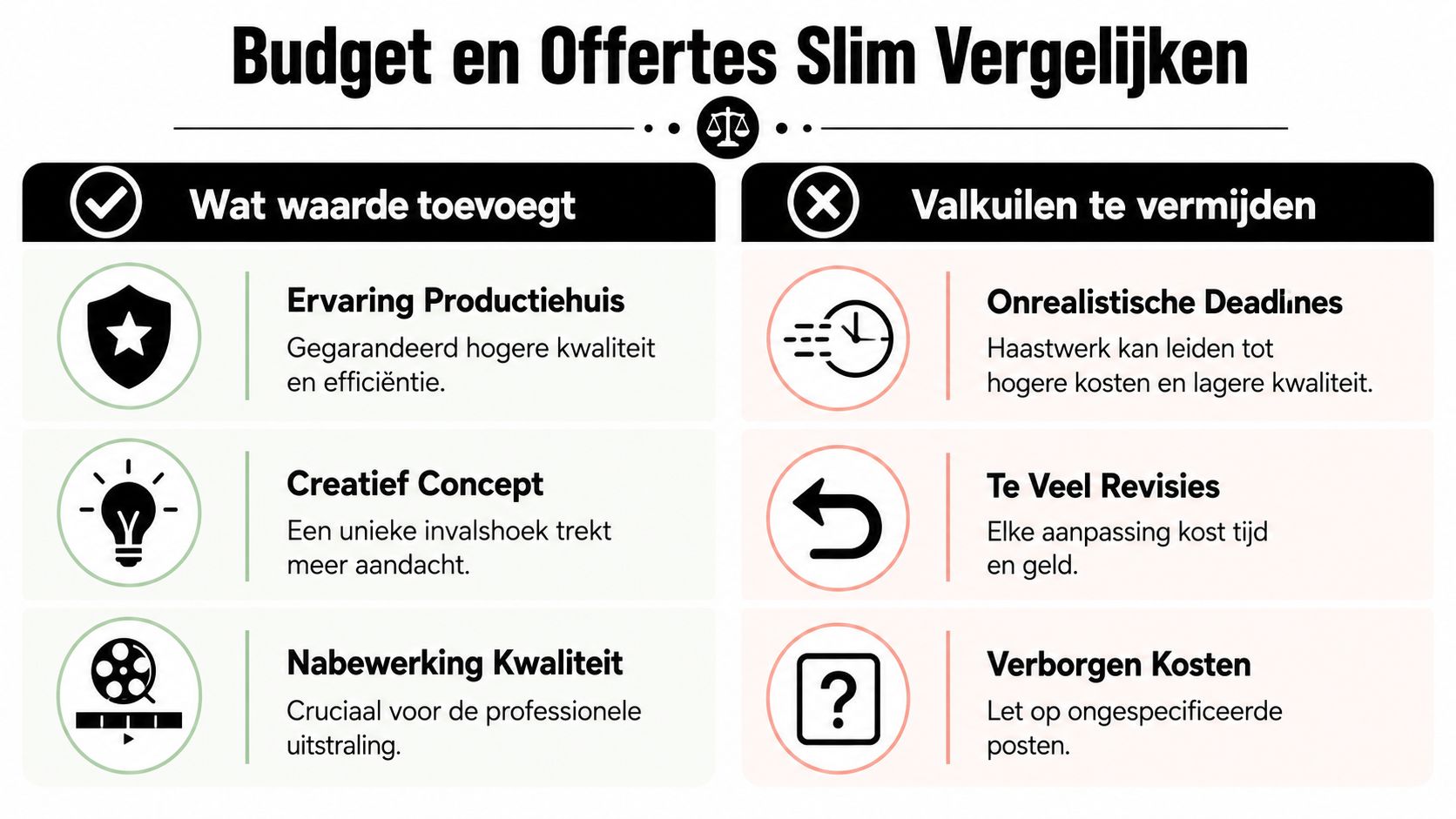 Een infographic die toont hoe je op een slimme manier budgetten en offertes voor videoproducties kunt vergelijken.