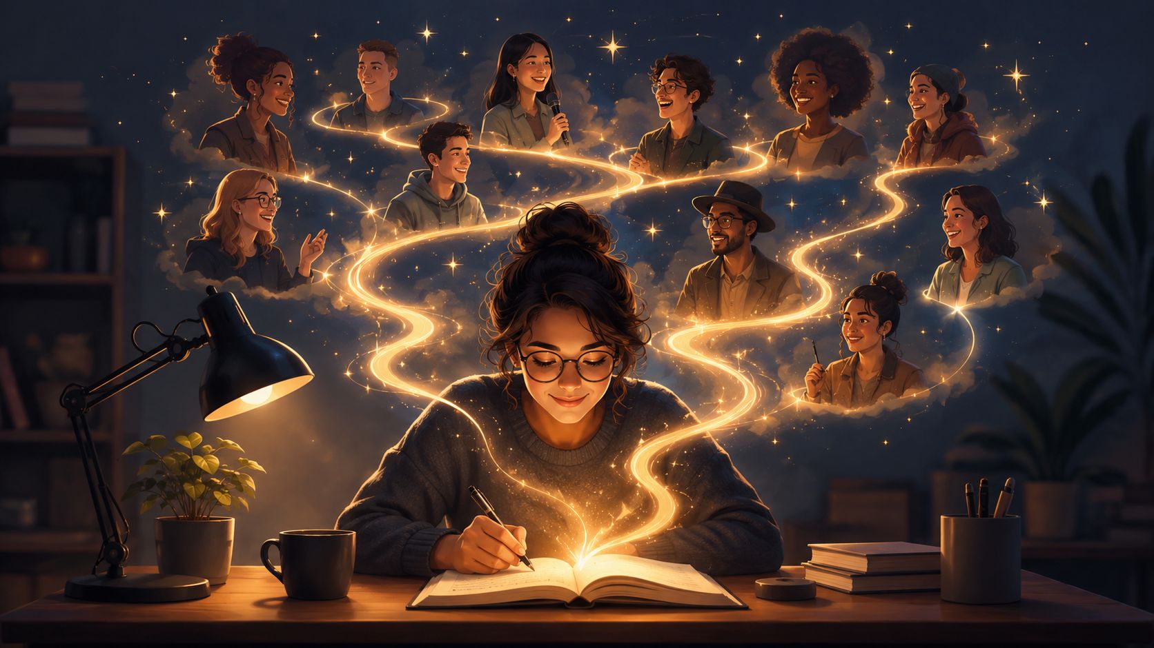 Een vrouw schrijft in een boek terwijl inspirerende gezichten en verhalen uit haar verbeelding omhoog zweven