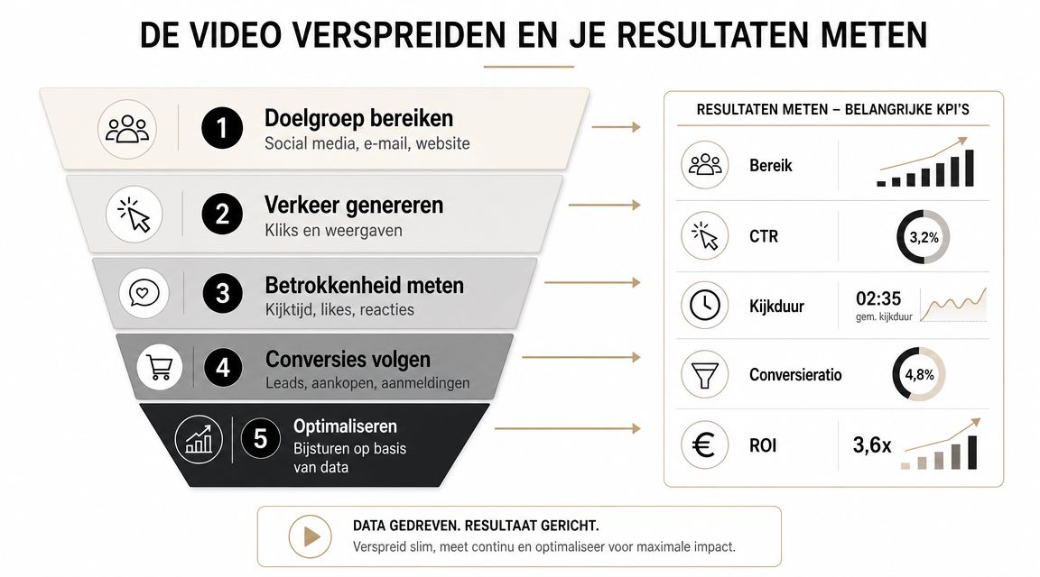 Een trechterdiagram dat laat zien hoe video-marketingstrategieën worden verspreid en de bijbehorende KPI's worden gemeten.