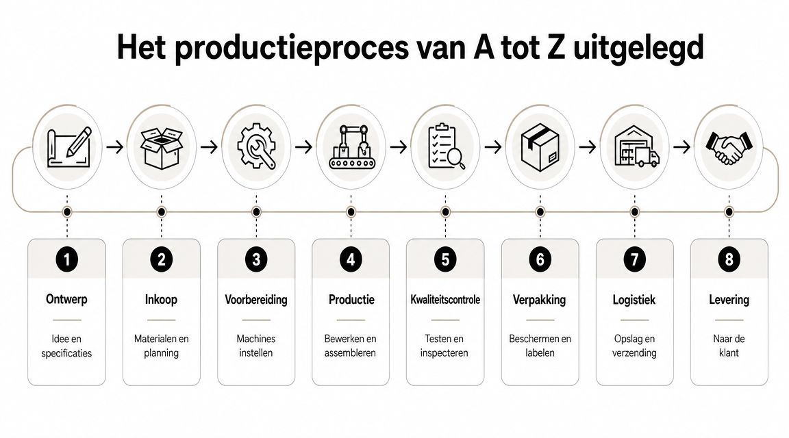 Een overzichtelijk procesdiagram dat de acht stappen van het volledige productieproces van een product weergeeft.