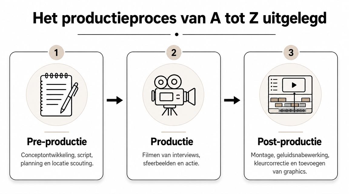 Een overzicht van het productieproces van een video in drie fasen: pre-productie, productie en post-productie.