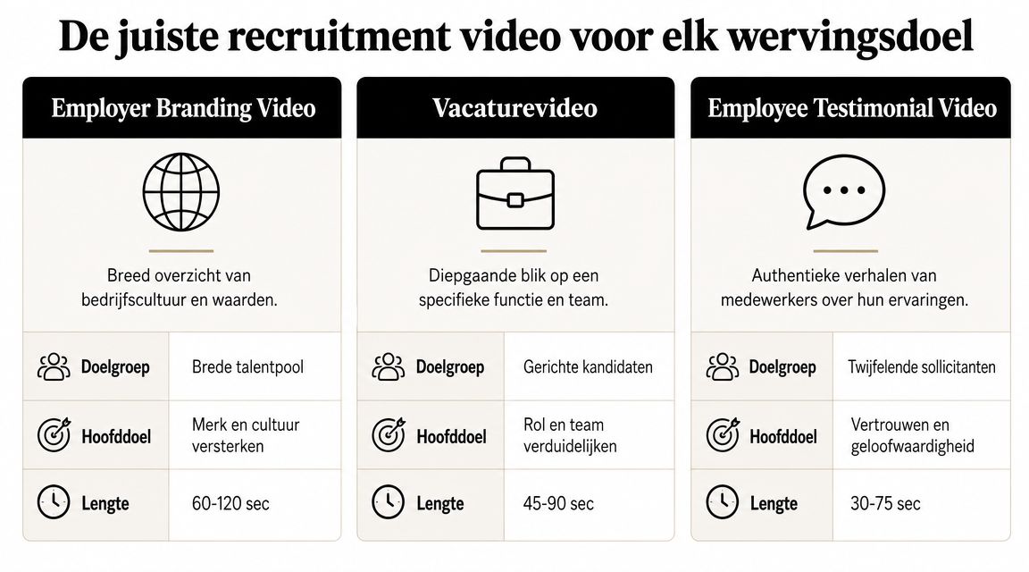 Een overzichtstabel die drie soorten recruitmentvideo's vergelijkt op basis van doelgroep, hoofddoel en ideale lengte.