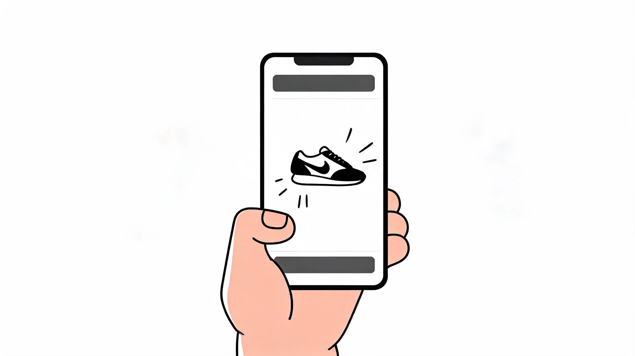 Een hand houdt een smartphone vast met daarop een getekende afbeelding van een hippe Nike sneaker weergegeven.