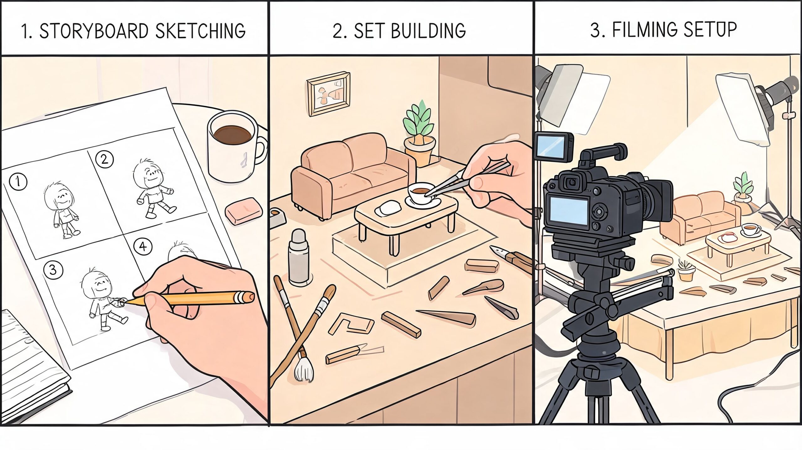 Illustratie met drie stappen voor het maken van een stop-motionfilm: storyboard tekenen, set bouwen en filmen.