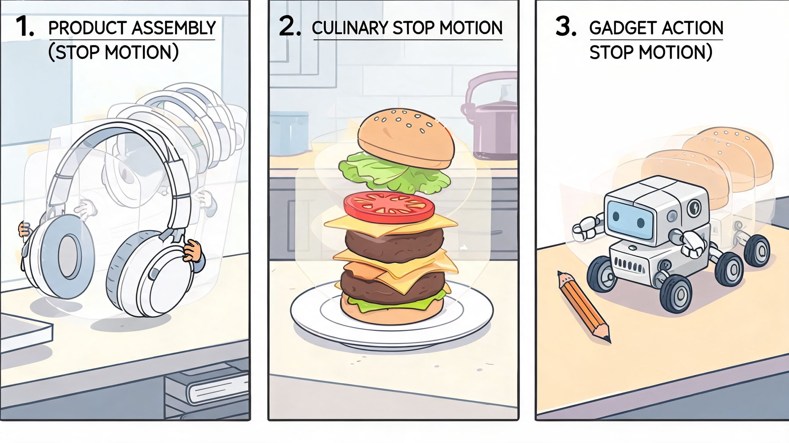 Illustraties tonen drie voorbeelden van stop-motion animatietechnieken: productmontage, culinaire creaties en acties met gadgets.