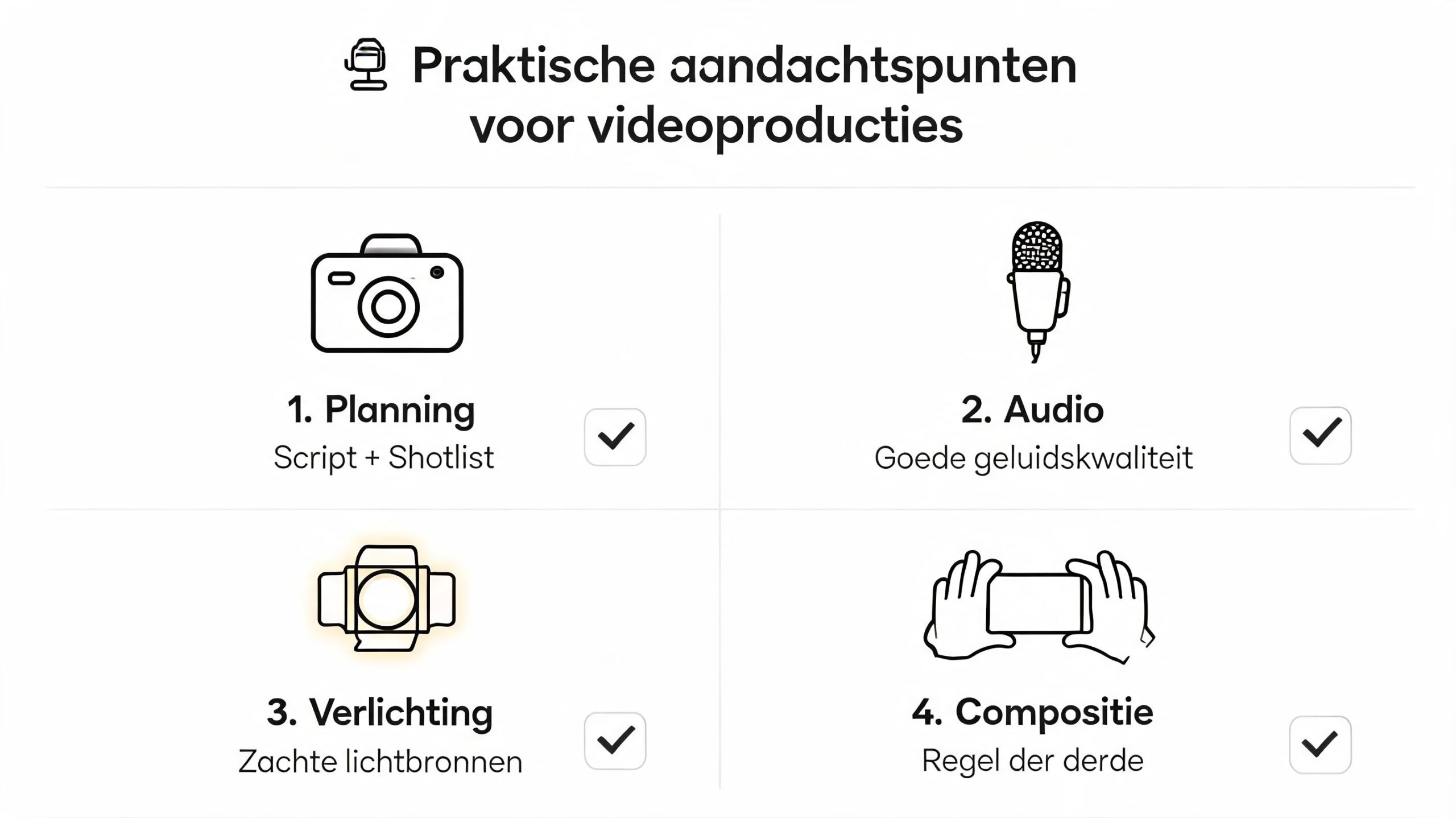 Een overzicht van vier praktische aandachtspunten voor videoproducties met iconen voor planning, audio, verlichting en compositie.