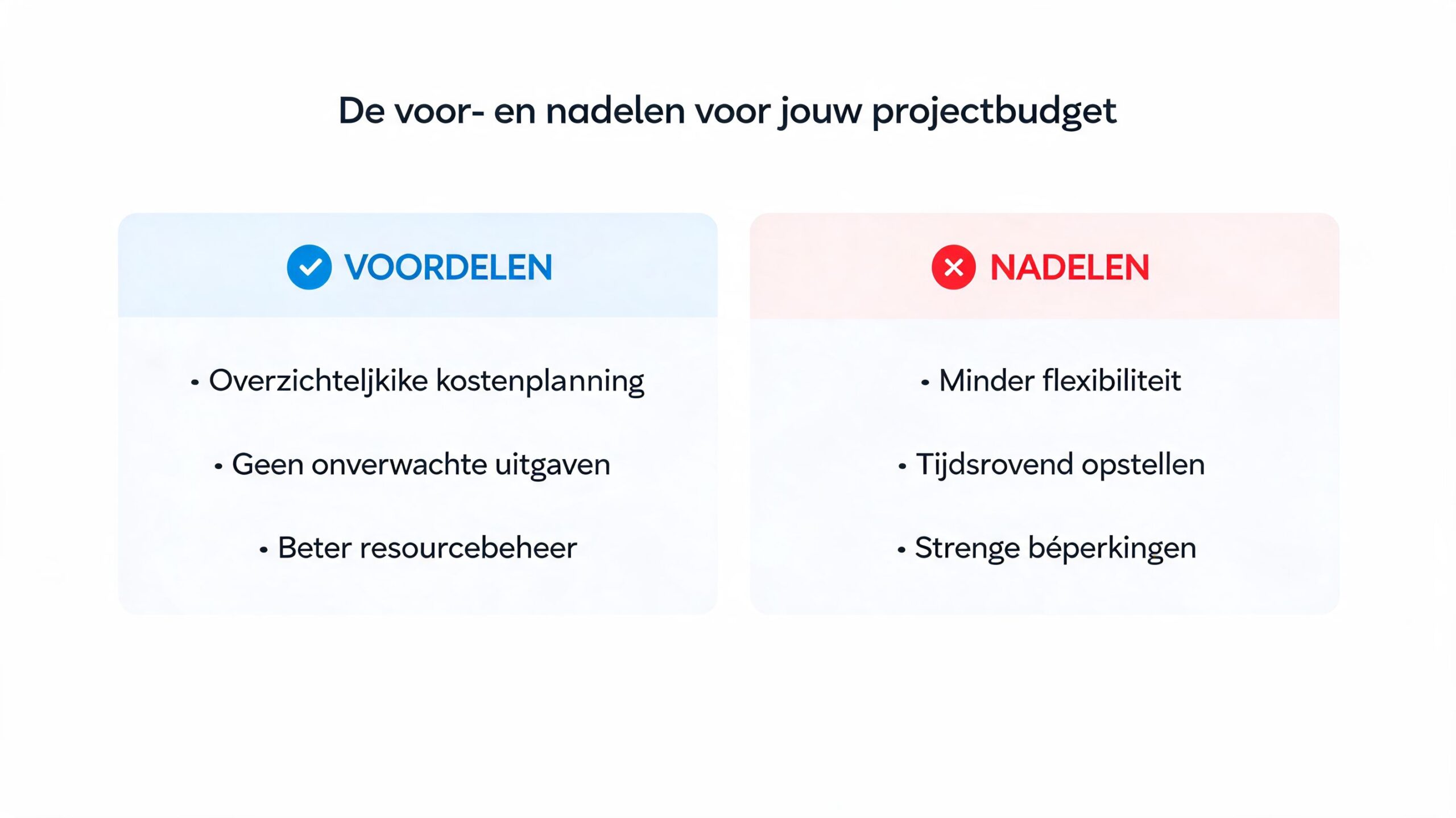 Een overzicht van de voor- en nadelen van een projectbudget in een overzichtelijke tabel met iconen.