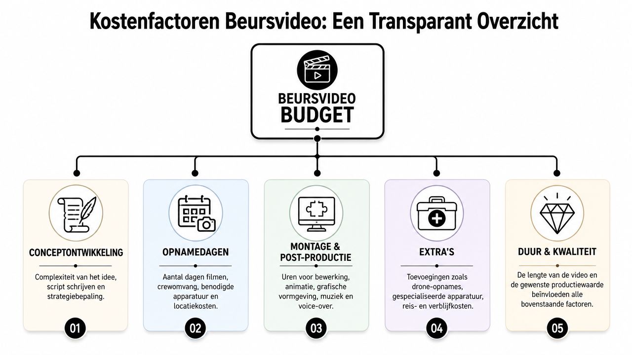 Een overzichtelijk schema met de vijf belangrijkste kostenfactoren bij het laten maken van een professionele beursvideo.