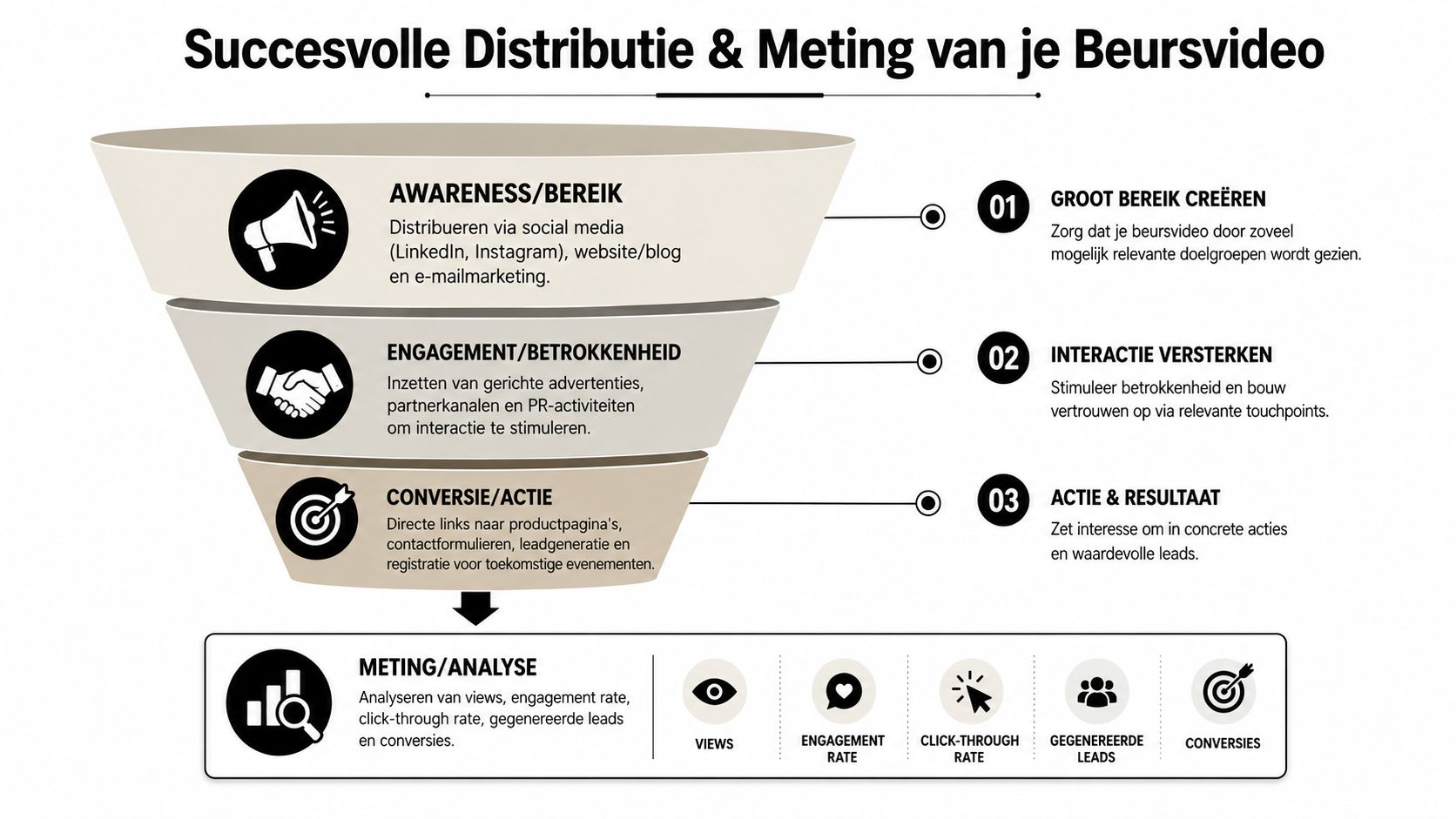 Een trechterdiagram over het succesvol distribueren en meten van een zakelijke beursvideo voor maximale betrokkenheid en conversie.