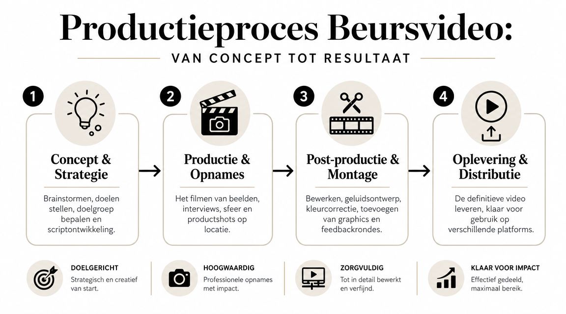 Een overzichtelijk schema van het productieproces voor een beursvideo, verdeeld in vier stappen van concept tot resultaat.