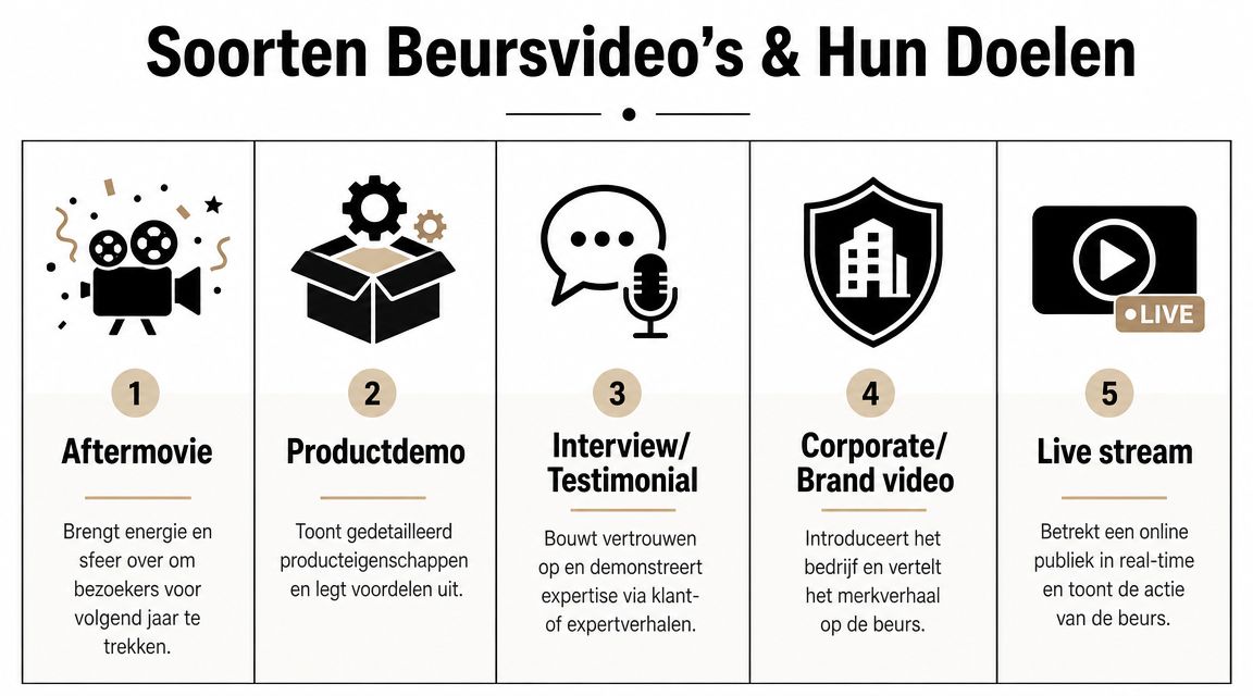 Een overzicht van de vijf verschillende soorten beursvideo's en hun specifieke doelen voor bedrijven op een beurs.