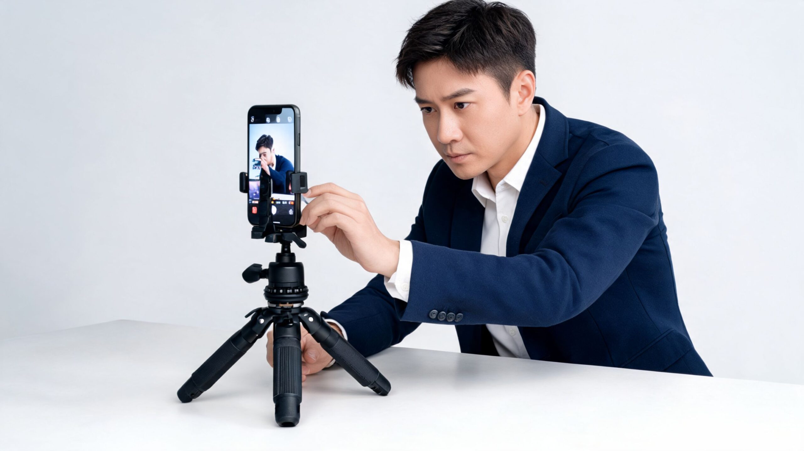 Een man in een colbert stelt zijn smartphone in op een compact statief voor een video-opname.