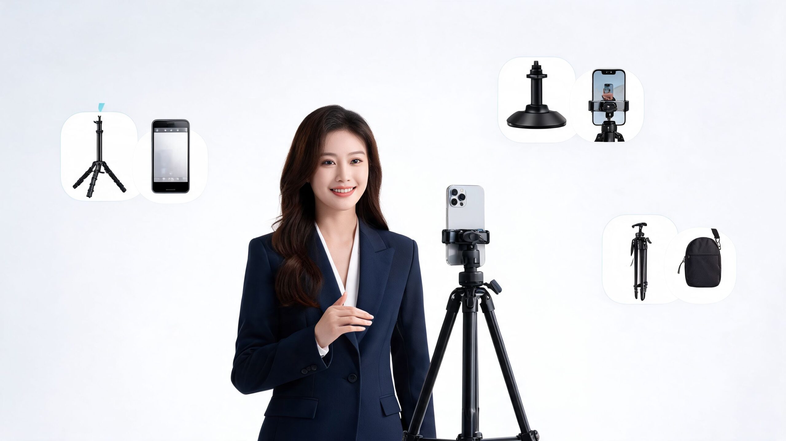 Een zakelijke vrouw met een smartphone op een statief tijdens een professionele presentatie of opname.