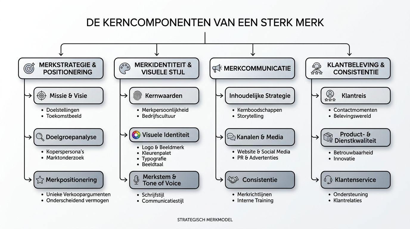 Een overzichtelijk schema met de kerncomponenten van een sterk merk, inclusief strategie, identiteit, communicatie en klantbeleving.