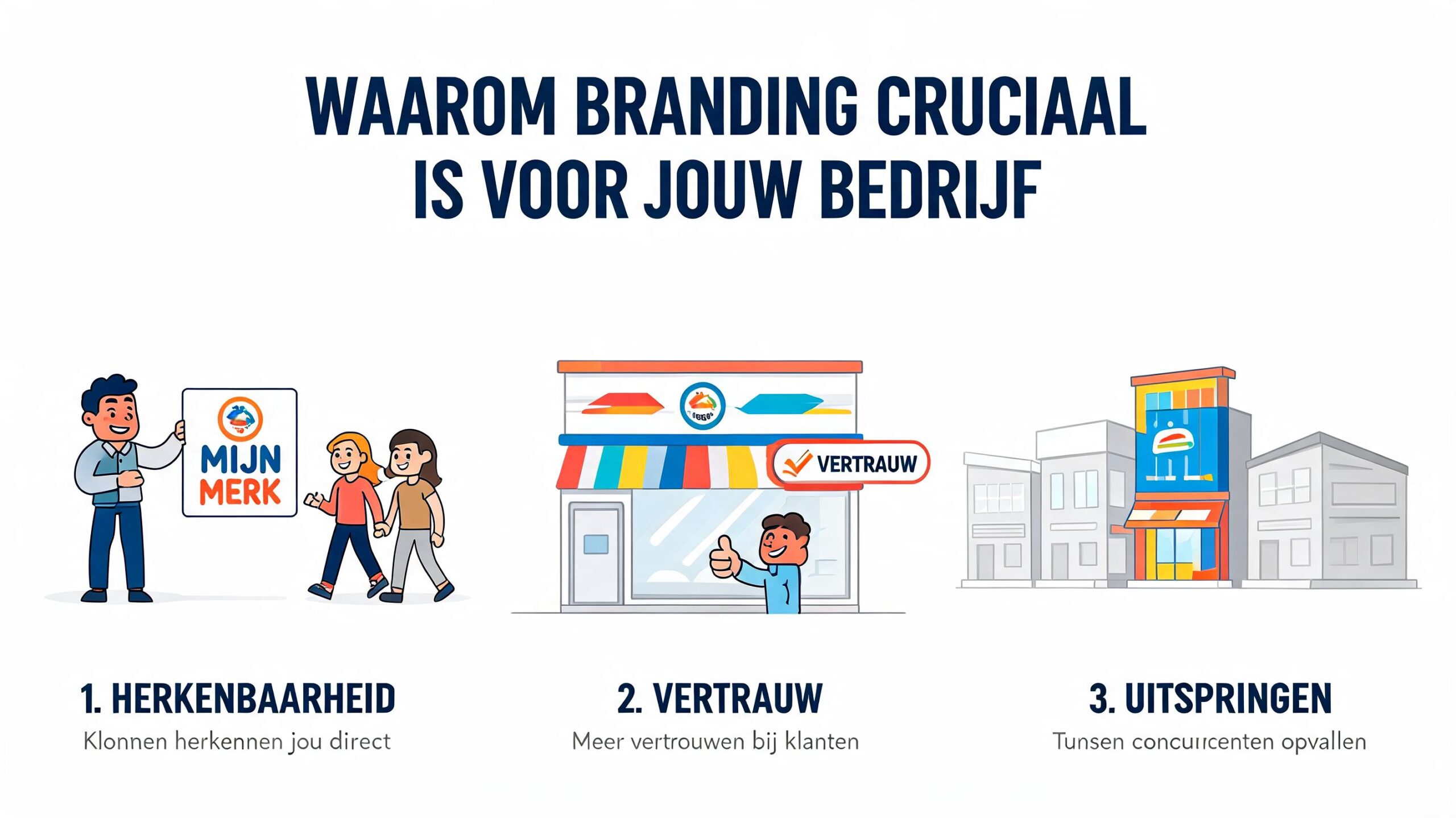 Een infographic die drie belangrijke voordelen van branding voor bedrijven uitlegt: herkenbaarheid, vertrouwen en opvallen tussen concurrenten.