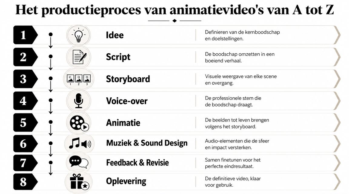 Een overzicht van het productieproces voor animatievideo's in acht duidelijke stappen, van idee tot definitieve oplevering.
