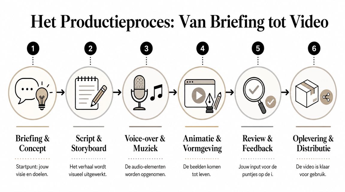 Een overzicht van het productieproces voor een animatievideo in zes duidelijke stappen, van briefing tot distributie.