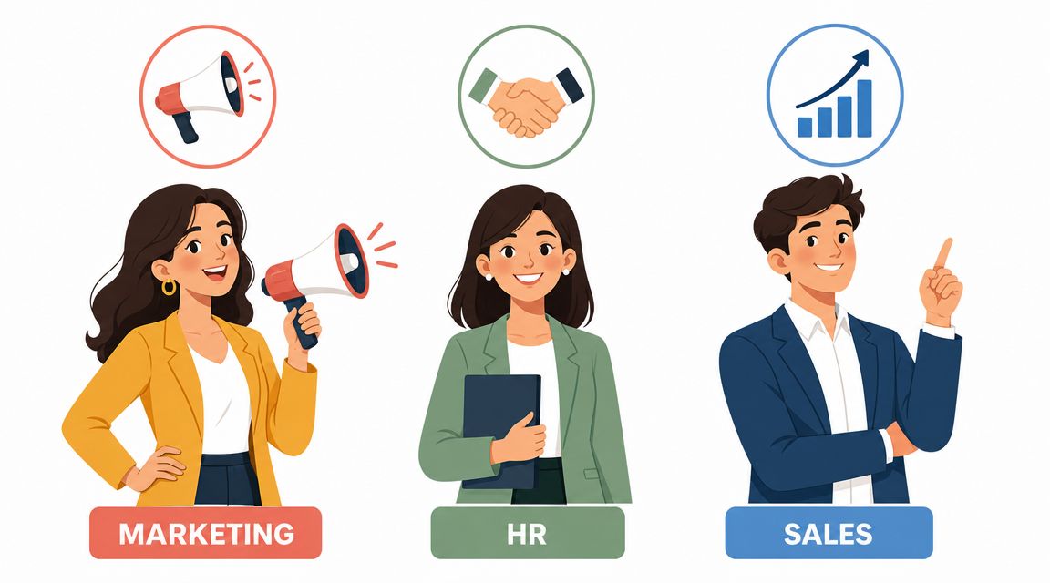 Drie cartoonfiguren die de bedrijfsafdelingen marketing, human resources en verkoop in een professionele setting vertegenwoordigen.