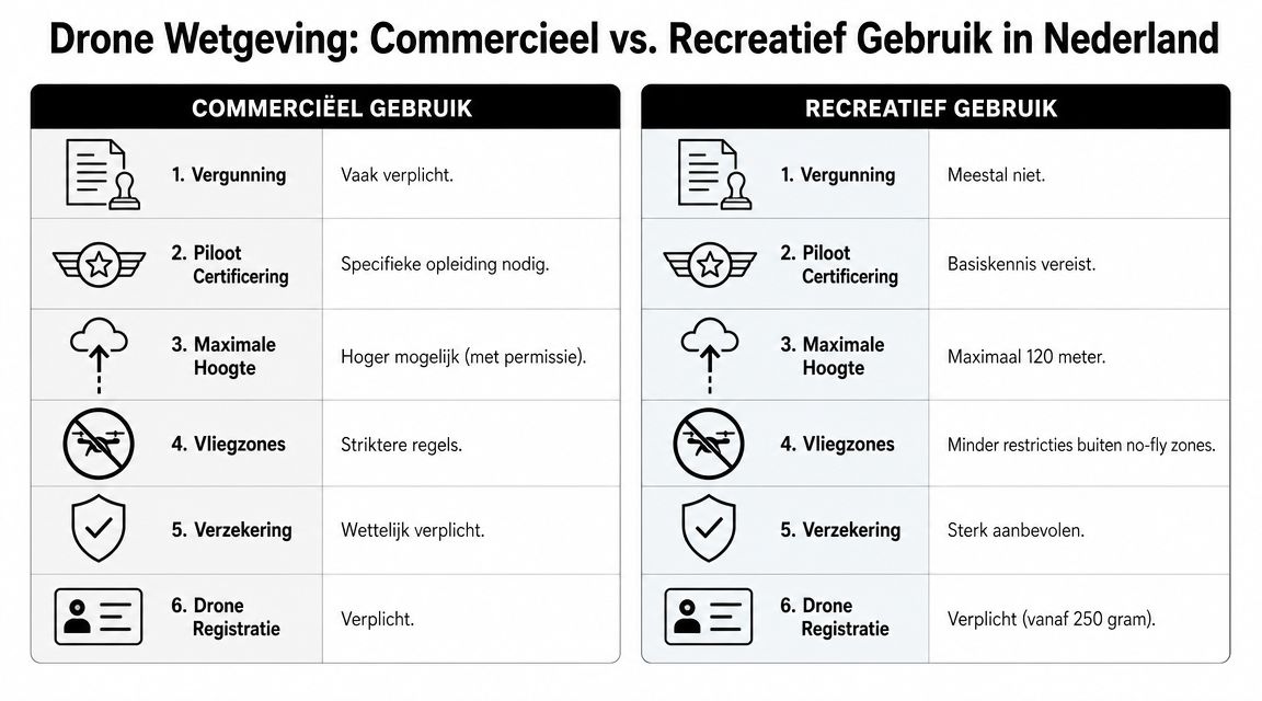 Vergelijkingstabel van de Nederlandse wetgeving voor commercieel versus recreatief dronegebruik met zes belangrijke regels.
