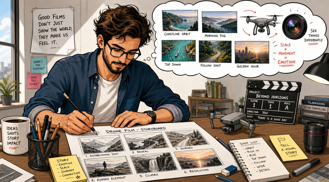 Een filmmaker tekent een drone storyboard aan zijn bureau met diverse shots en filmapparatuur in beeld.