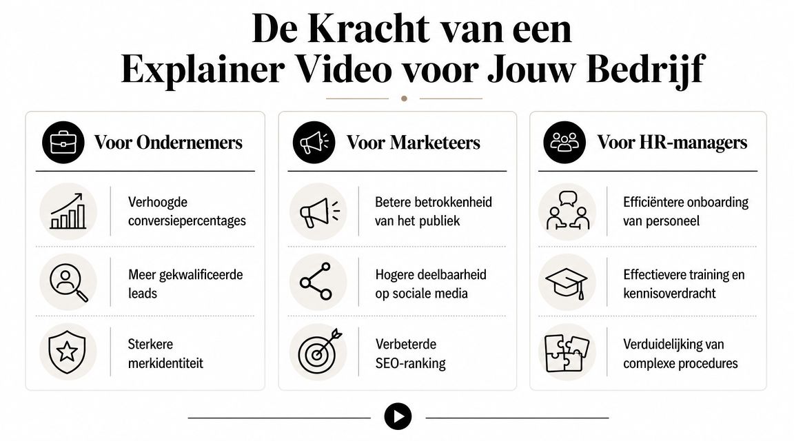Een overzicht van de voordelen van explainer video's voor ondernemers, marketeers en HR-managers in hun bedrijfsvoering.