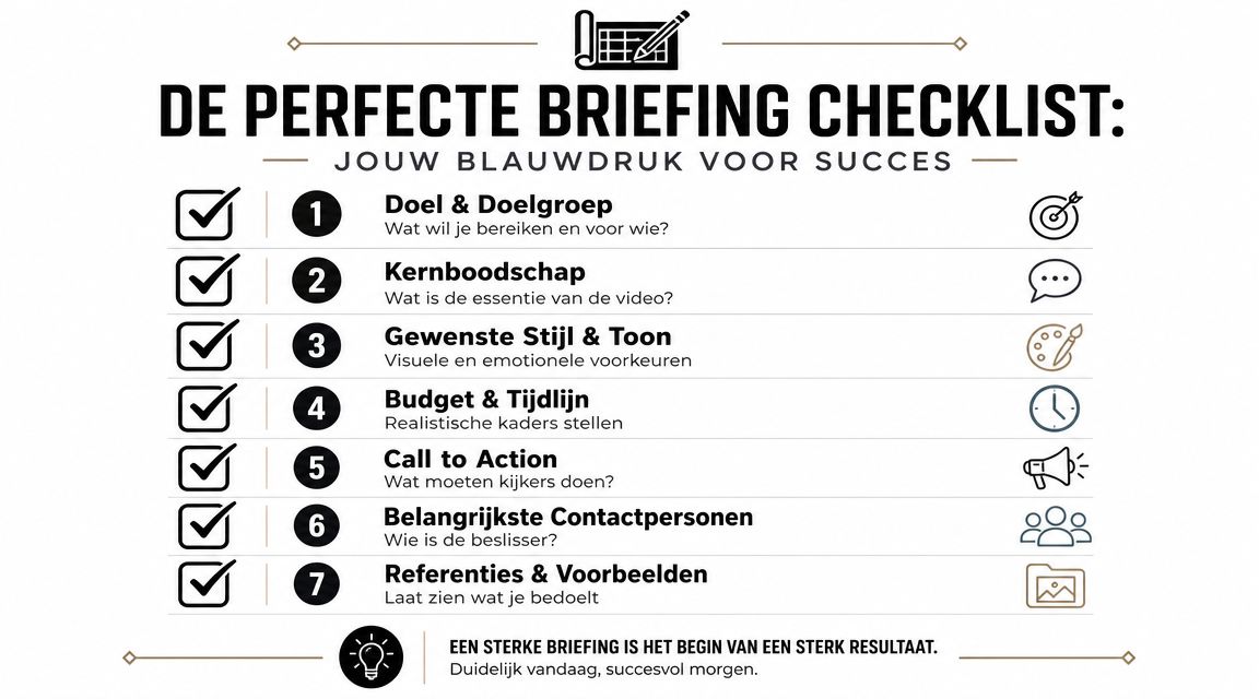 Een overzichtelijke checklist voor een professionele briefing om effectieve video's te laten maken.