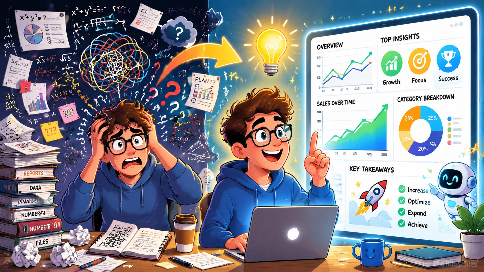 Een illustratie van een student die overgaat van verwarrende data naar heldere inzichten met AI ondersteuning.