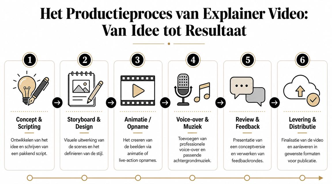 Een infographic die het zesstappenproces van het maken van een professionele explainer video helder in kaart brengt.