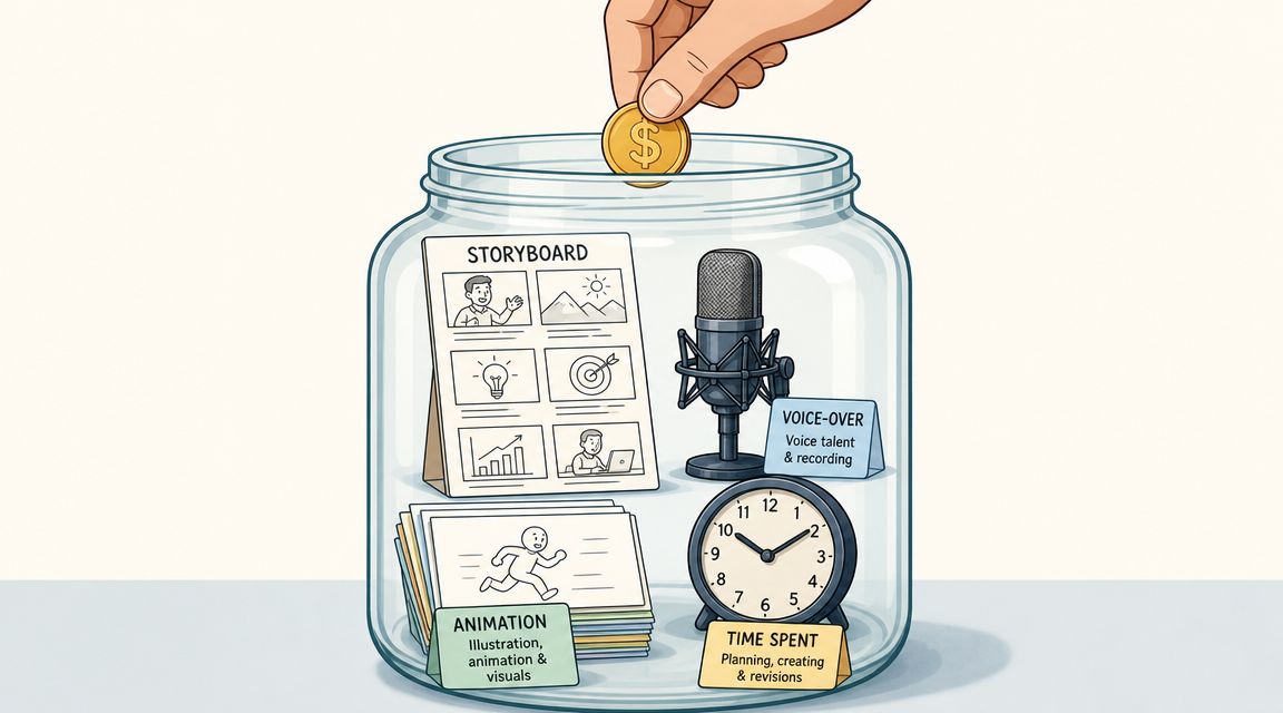 Een illustratie van een glazen pot met symbolen voor animatie, voice-over, storyboard en tijd, terwijl iemand geld inwerpt.