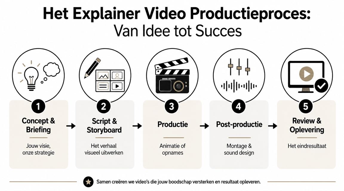 Een infographic die de vijf stappen van het explainer video productieproces van idee tot oplevering laat zien.