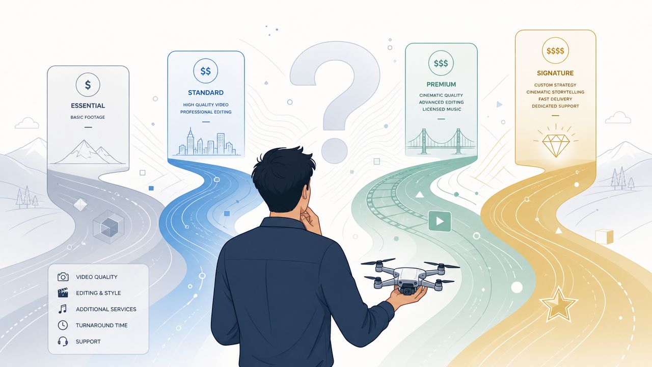 Een man overweegt verschillende drone videopakketten met diverse prijs- en kwaliteitsopties in een abstracte illustratie.