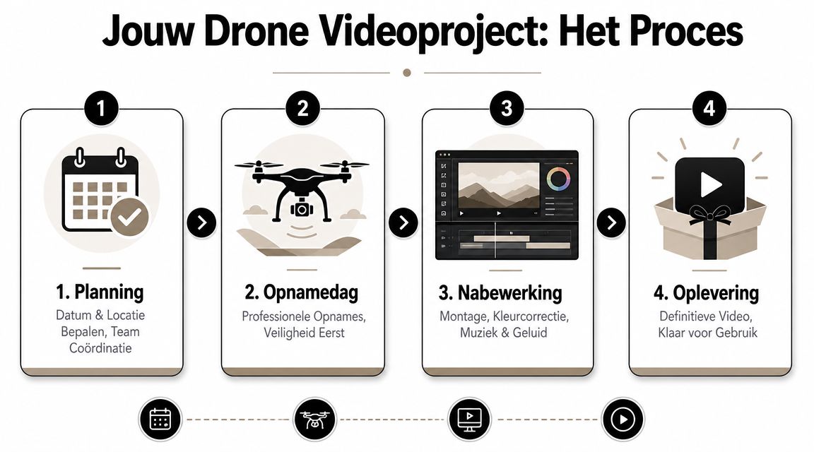 Een infographic met vier stappen die het proces van een professioneel drone videoproject in Nederland toont.