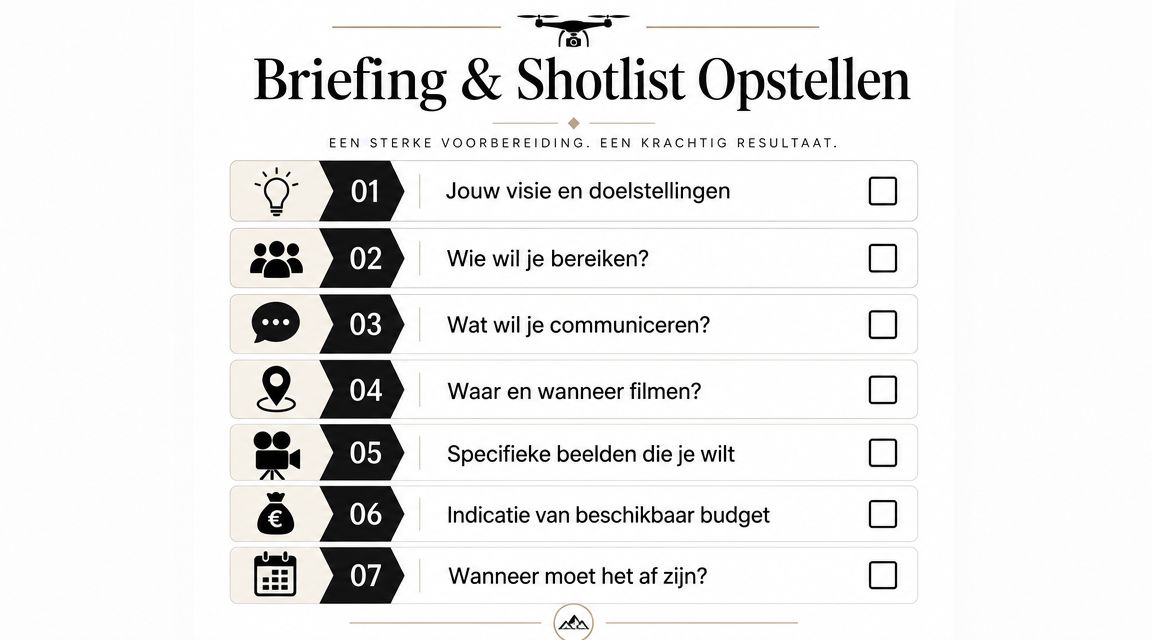 Een checklist voor het opstellen van een effectieve briefing en shotlist voor een professionele drone video.