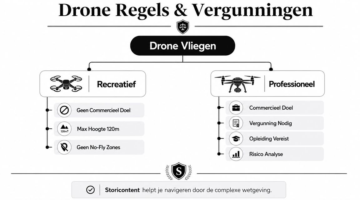 Een overzichtelijk schema over de Nederlandse regelgeving en vergunningen voor recreatief en professioneel drone vliegen.
