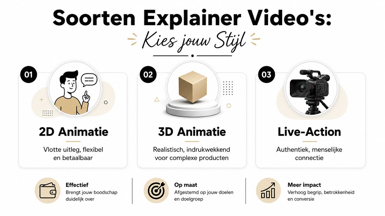 Een overzicht van de drie meest voorkomende soorten explainer video's, inclusief 2D animatie, 3D animatie en live-action.