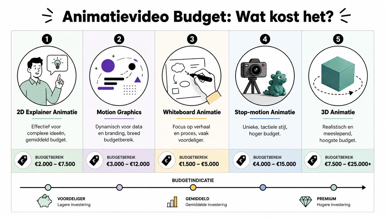 Overzicht van de verschillende stijlen van animatievideo's en de bijbehorende prijsindicaties voor een zakelijke productie.