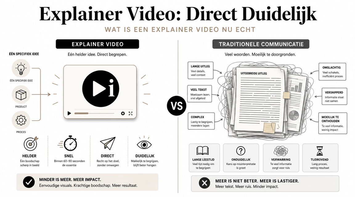 Een infographic die de voordelen van explainer video's vergelijkt met traditionele, complexe zakelijke communicatiemethoden.