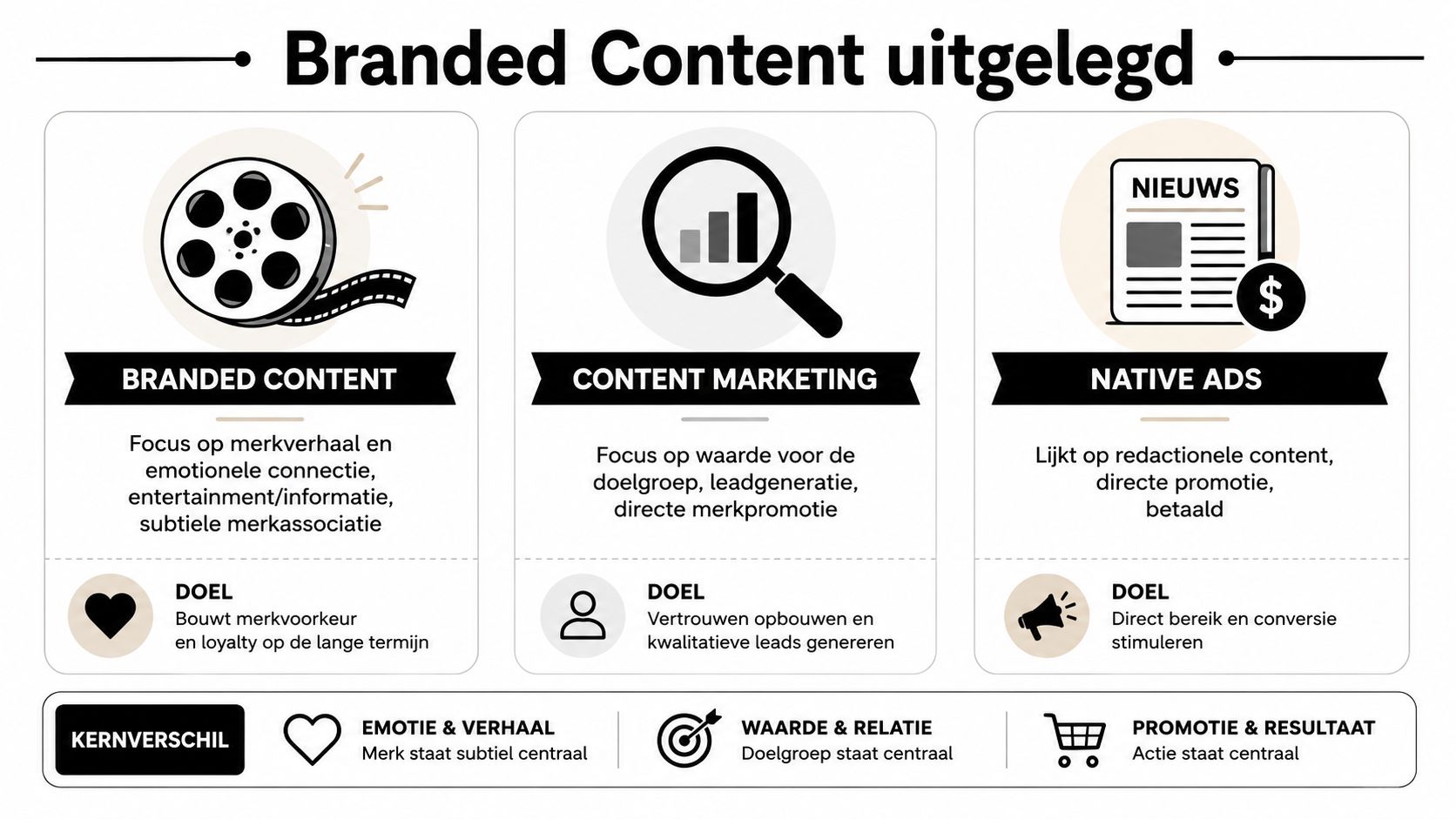 Een infographic die de verschillen uitlegt tussen branded content, content marketing en native advertising voor marketingstrategieën.